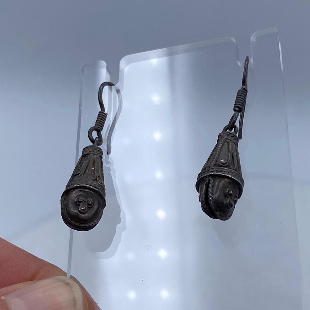 Drop Earrings Silver Oxidized Filigree Bell 925 Tribal Boho Artisan Gothic Chic